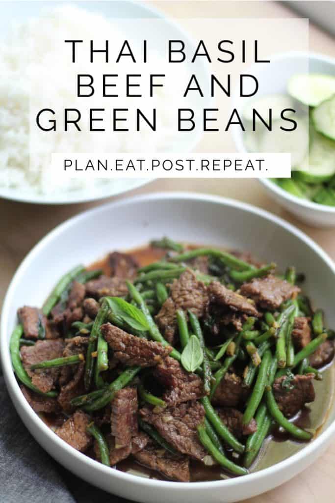 The words, "Thai Basil Beef and Green Beans" at the top and a gray bowl of the recipe is at the bottom.