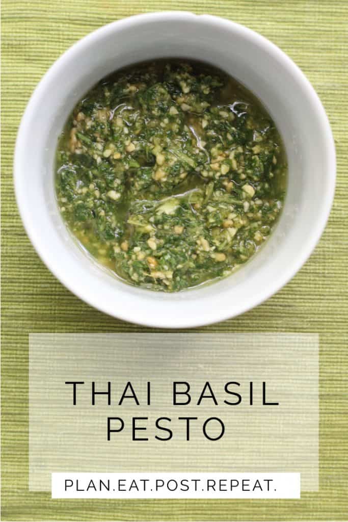 A white bowl of bright green pesto at the top and the words, "Thai Basil Pesto" at the bottom. 
