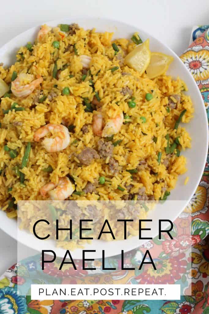 A platter of yellow rice with shrimp and sausage with teh words, "Cheater Paella" below.
