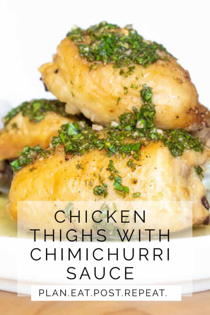 Chimchurri Sauce drizzled over crispy chicken thighs.