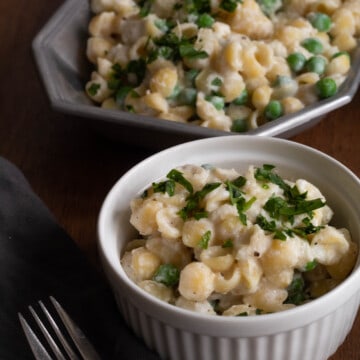 A silver tray of shell pasta in the background and a bowl of the same pasta in the foreground.