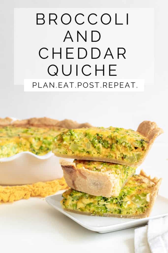 A stack of three servings of broccoli and cheddar quiche on a white plate.