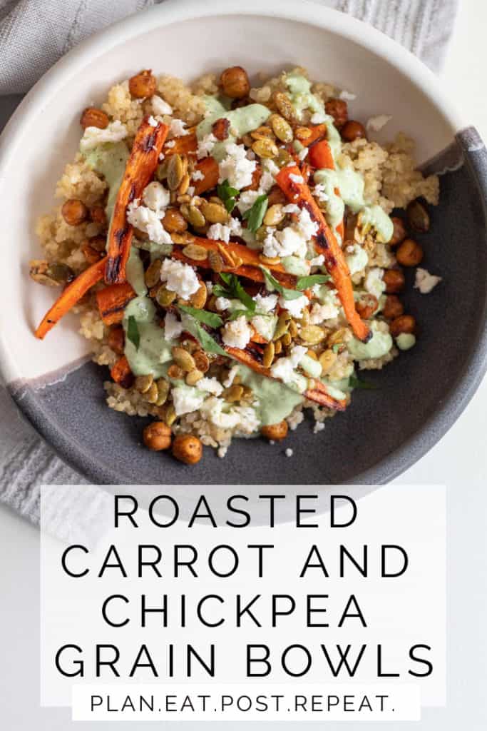 A shallow gray and white bowl full of grains, carrots, chickpeas, and feta sits on a gray towel overlayed with the words "Roasted Carrot and Chickpea Grain Bowls".