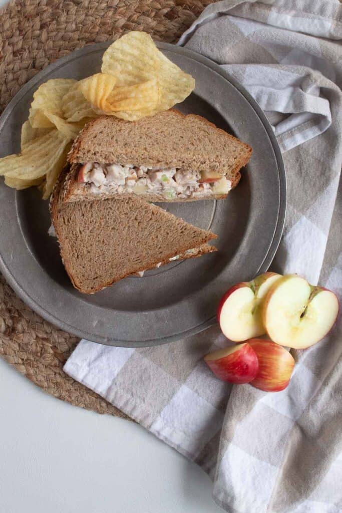 A chicken pecan apple salad sandwich served on a gray plate with a side of chips and apple slices.