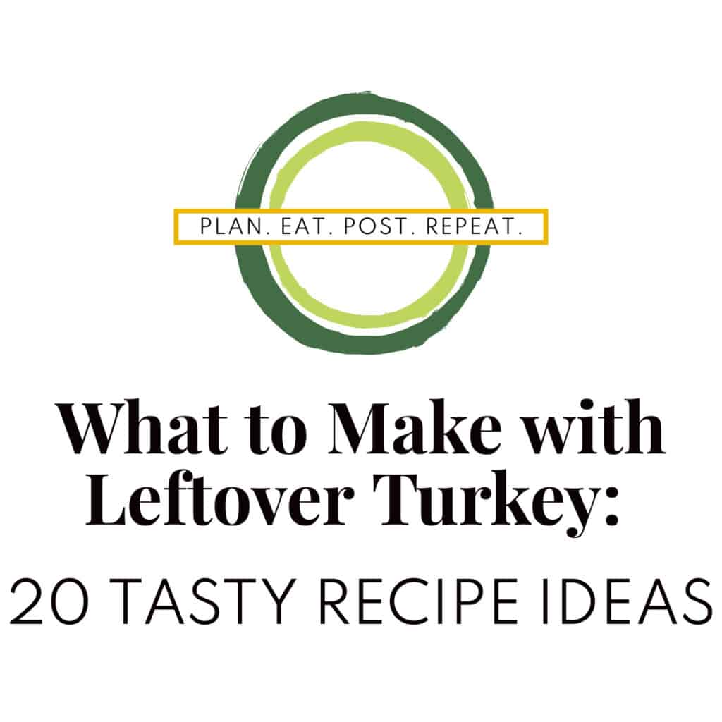 The Plan. Eat. Post. Repeat. logo with the words "what to make with leftover turkey: 20 tasty recipe ideas" below.