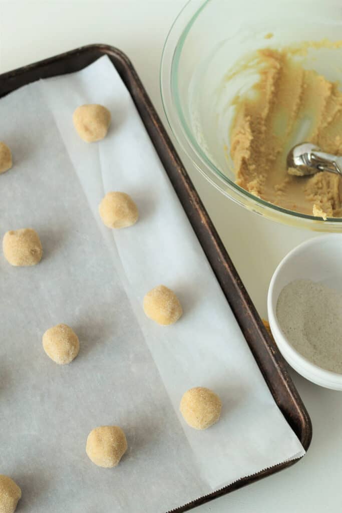 Sugar cookie dough being rolled out and coated in sugar before placement on a parchment-lined baking sheet.