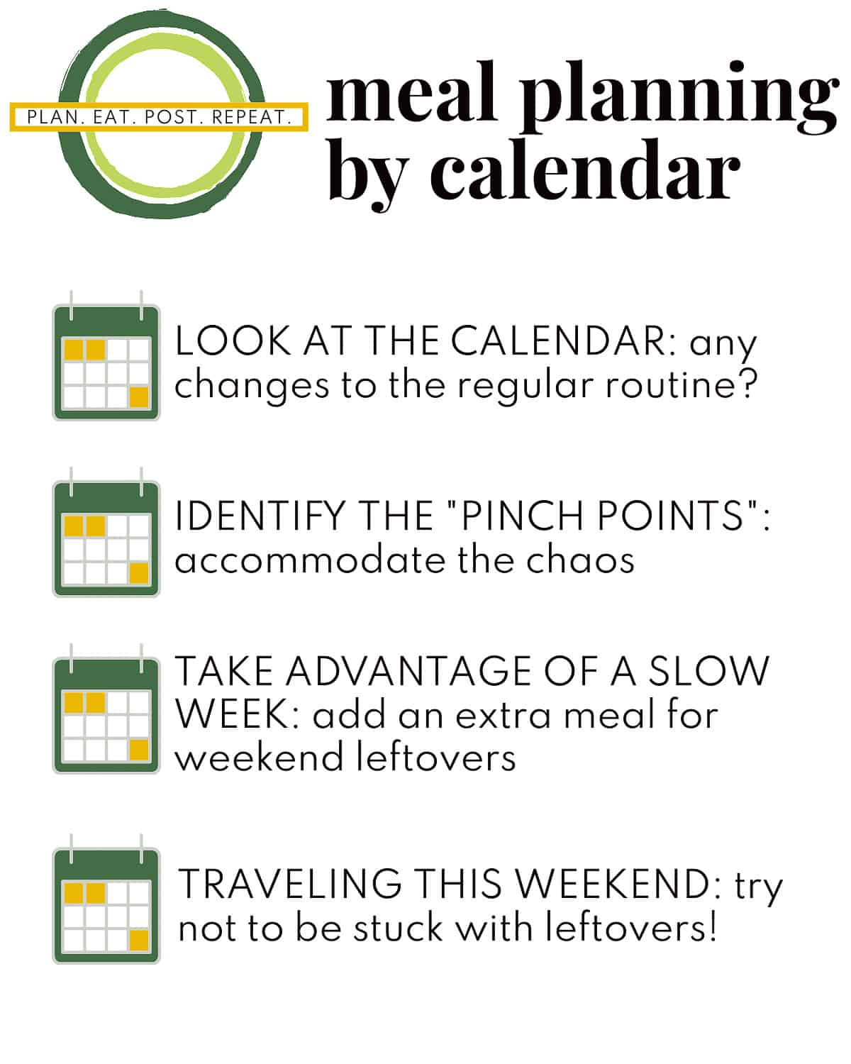 a graphic summarizing creating a meal plan using the calendar framework.