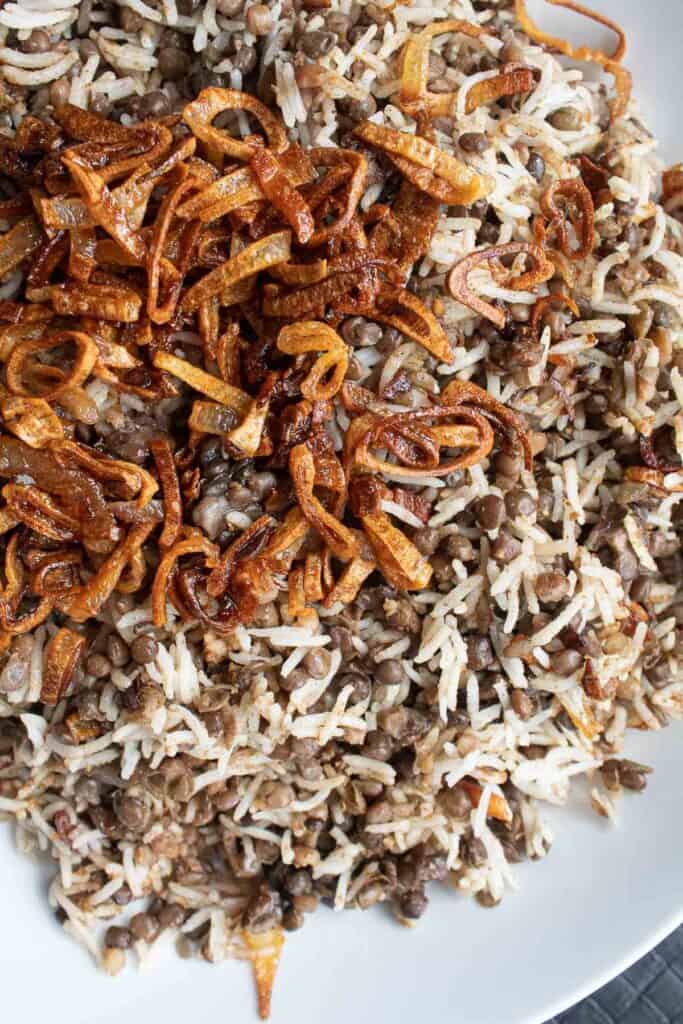 A close-up view of the texture of the mujadara and crispy shallots.
