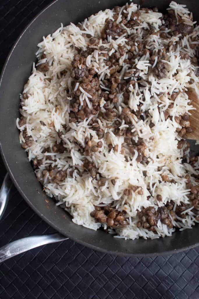 Basmati rice and brown lentils in a deep skillet.