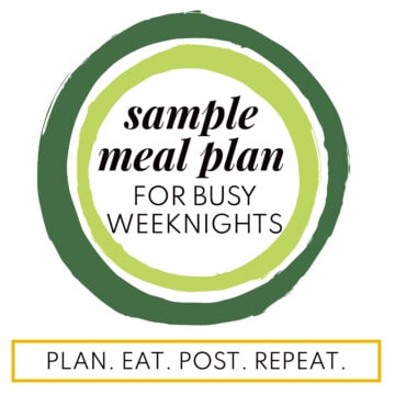 Two concentric rings in light and dark green surrounding the words "sample meal plan for busy nights" with the blog name in a yellow box at the bottom.