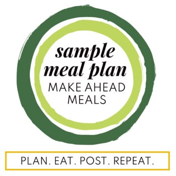 Two concentric rings in light and dark green surrounding the words "sample meal plan, make ahead meals" with the blog name in a yellow box at the bottom.