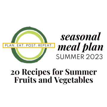 The Plan Eat Post Repeat logo next to the words "seasonal meal plan 2023" and "20 recipes for summer fruits and vegetables" over a white background.