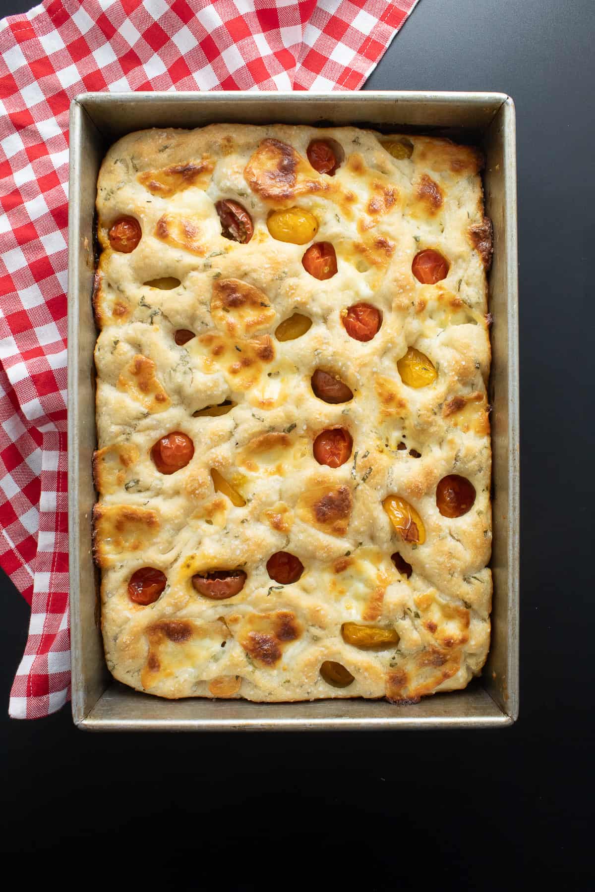 The baked focaccia right after coming out of the oven.