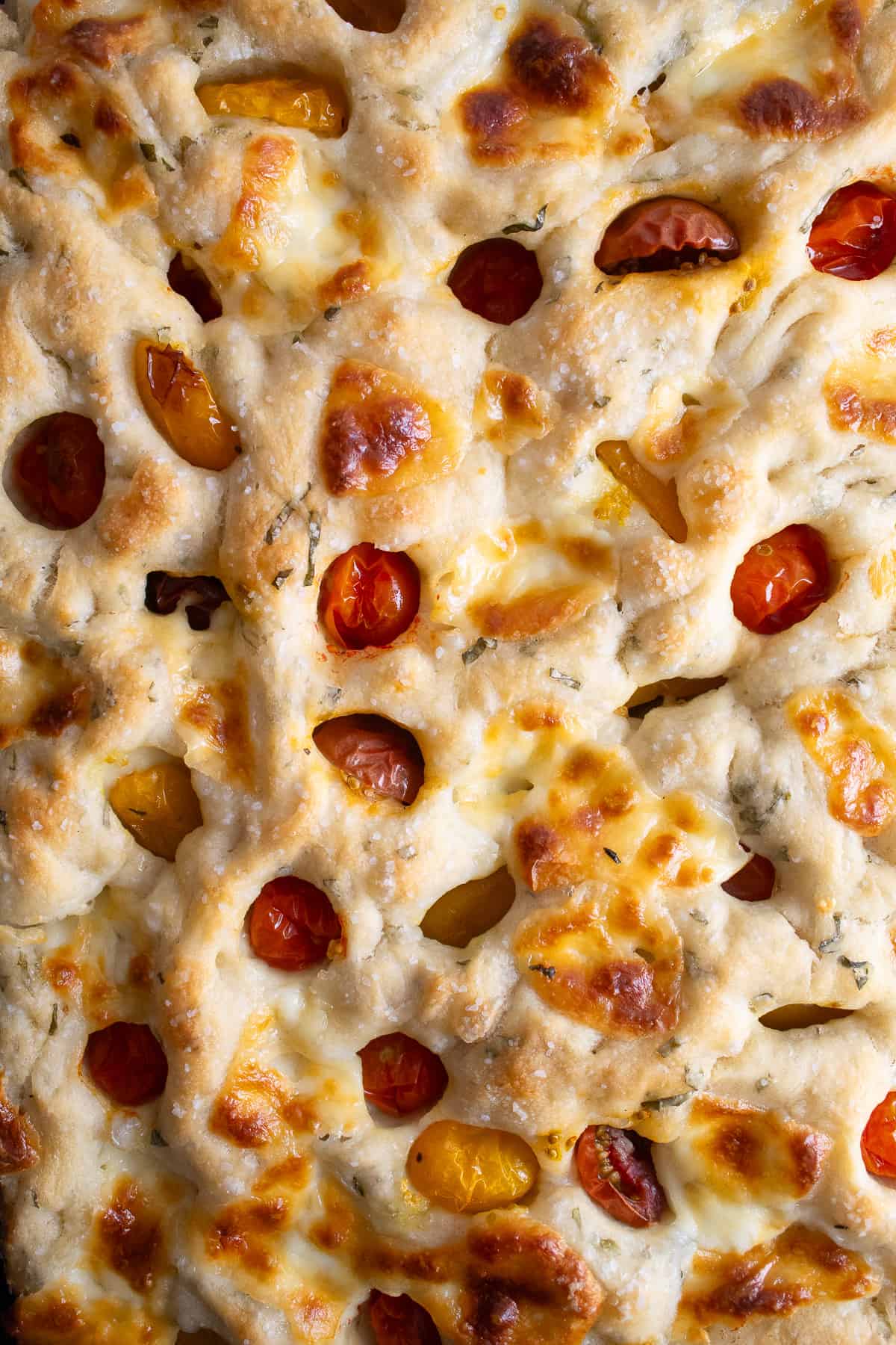 A detailed image of the baked focaccia with a browned top and sunken tomatoes.