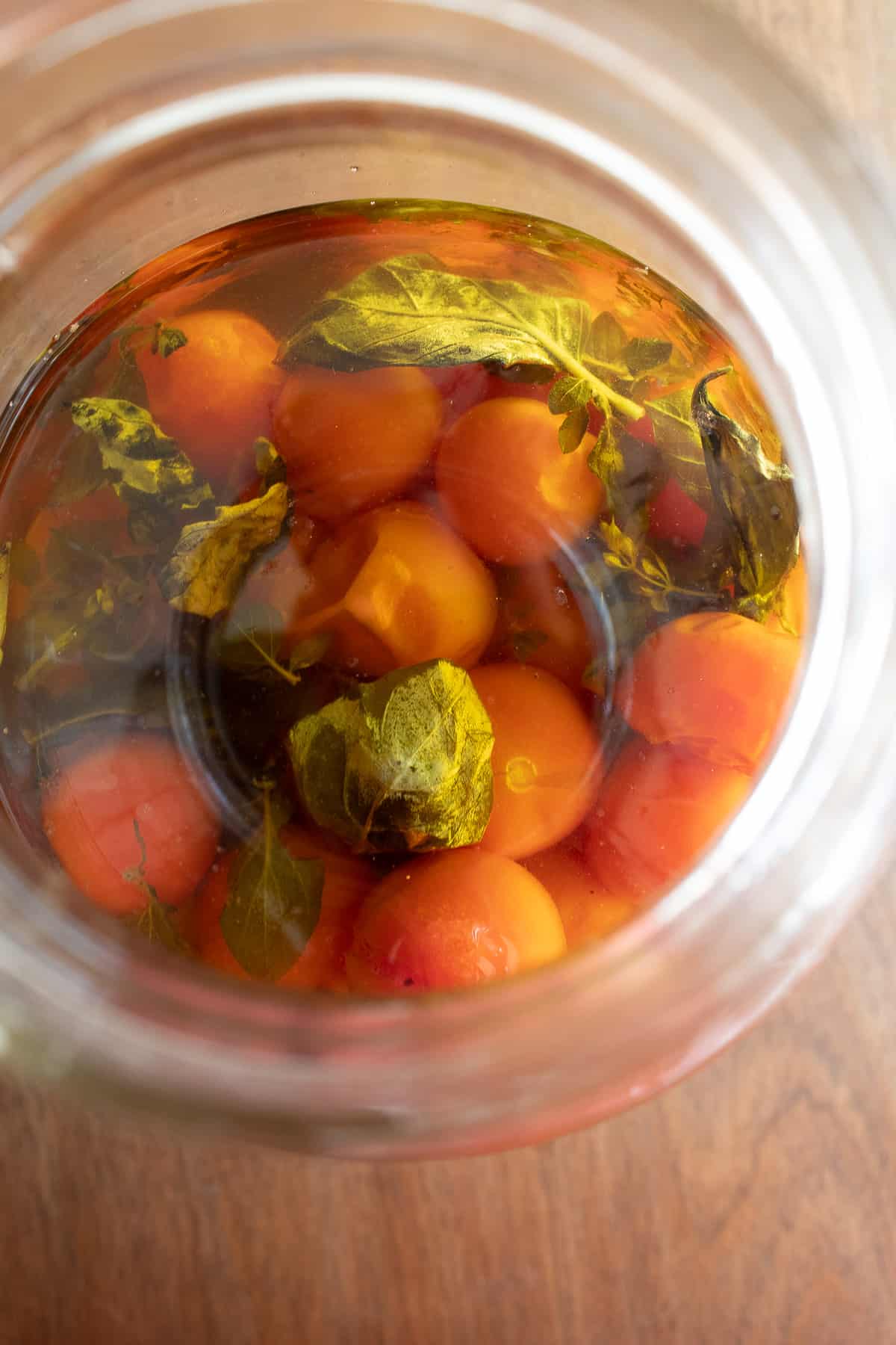 The top-down view of the tomatoes and herbs under the surface of the oil in a jar.
