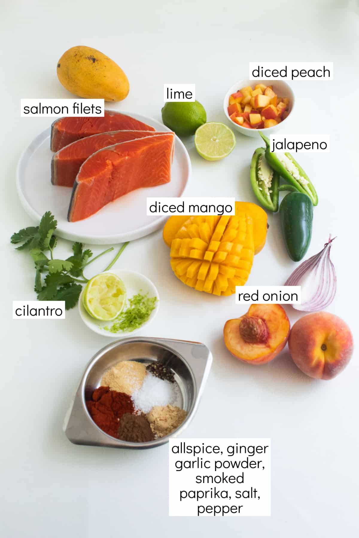 The ingredients for the recipe are arranged over a white surface with labels in white boxes including: salmon filets, lime, diced peach, jalapeno, diced mango, cilantro, red onion, and spices.
