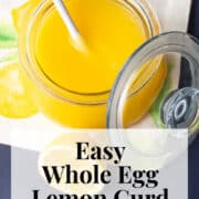 The bright yellow lemon curd is displayed in a glass jar with a white spoon. A white text box at the bottom of the image contains the words, "easy whole egg lemon curd" and "plan. eat. post. repeat."