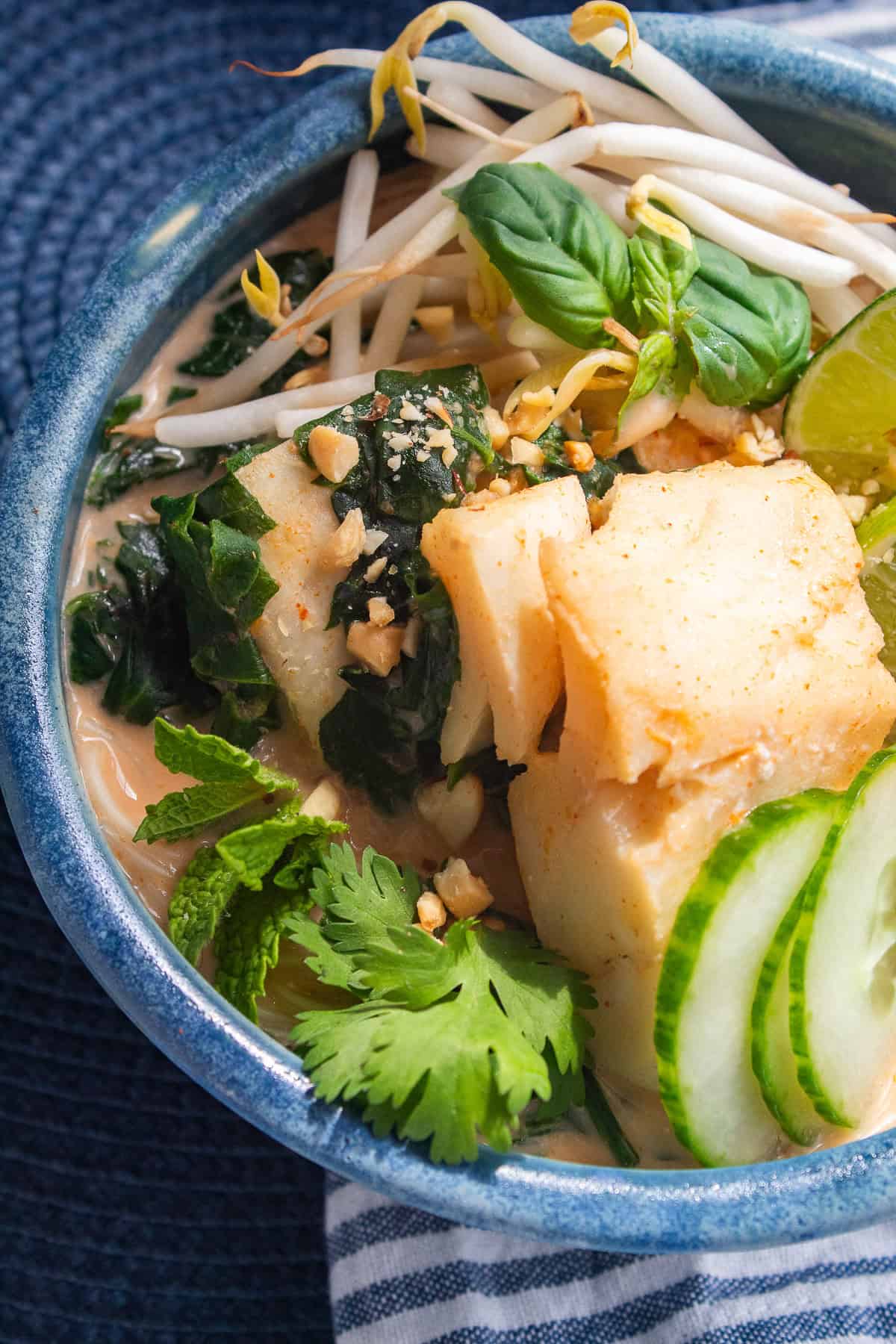 Detail of the Thai fish curry over noodles topped with fresh herbs, vegetables, and crushed peanuts.