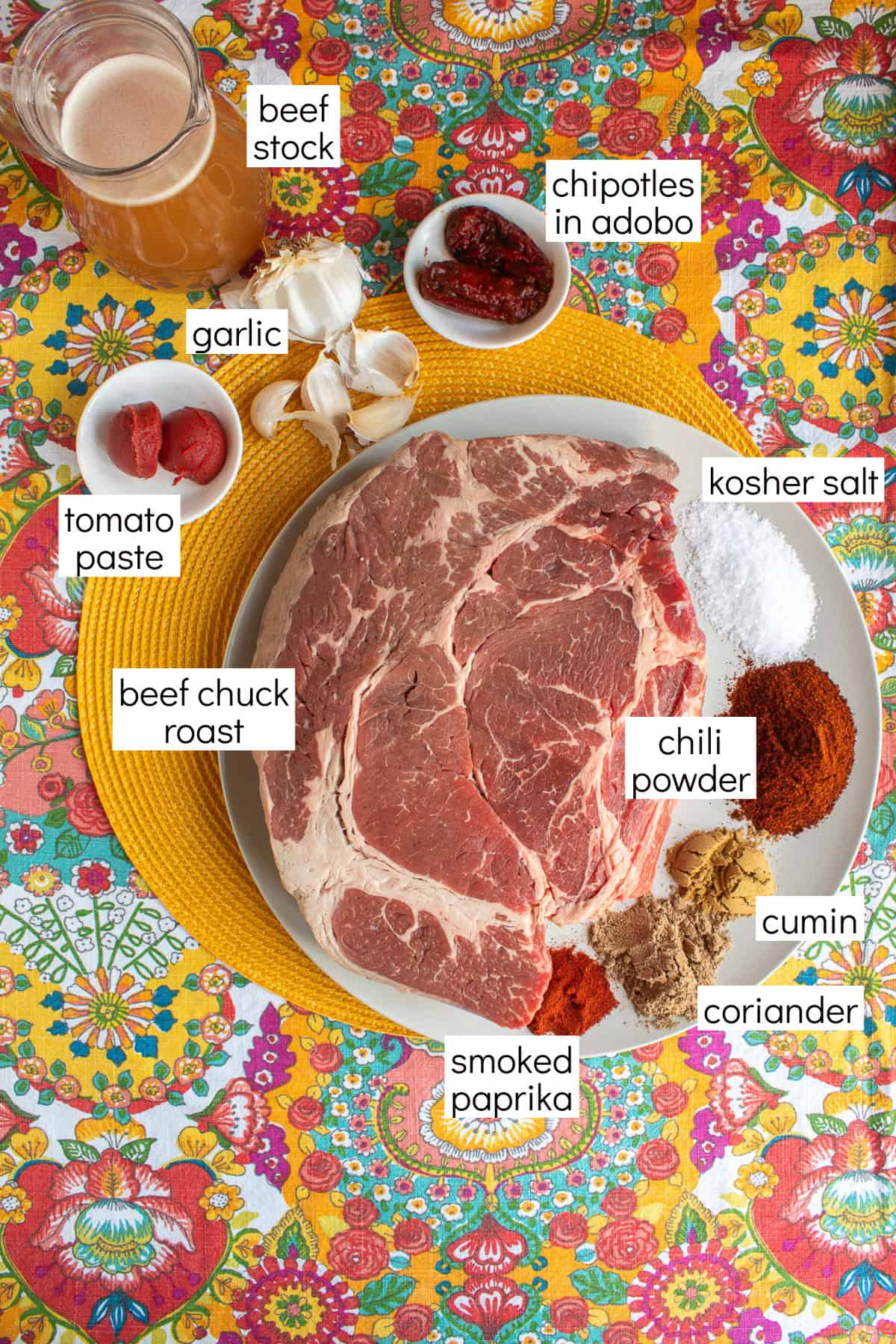 Ingredients for the beef chuck tacos are displayed on a colorful background with labels in white text boxes that include beef stock, chipotles in adobo, kosher salt, chili powder, cumin, coriander, smoked paprika, beef chuck roast, tomato paste, and garlic.