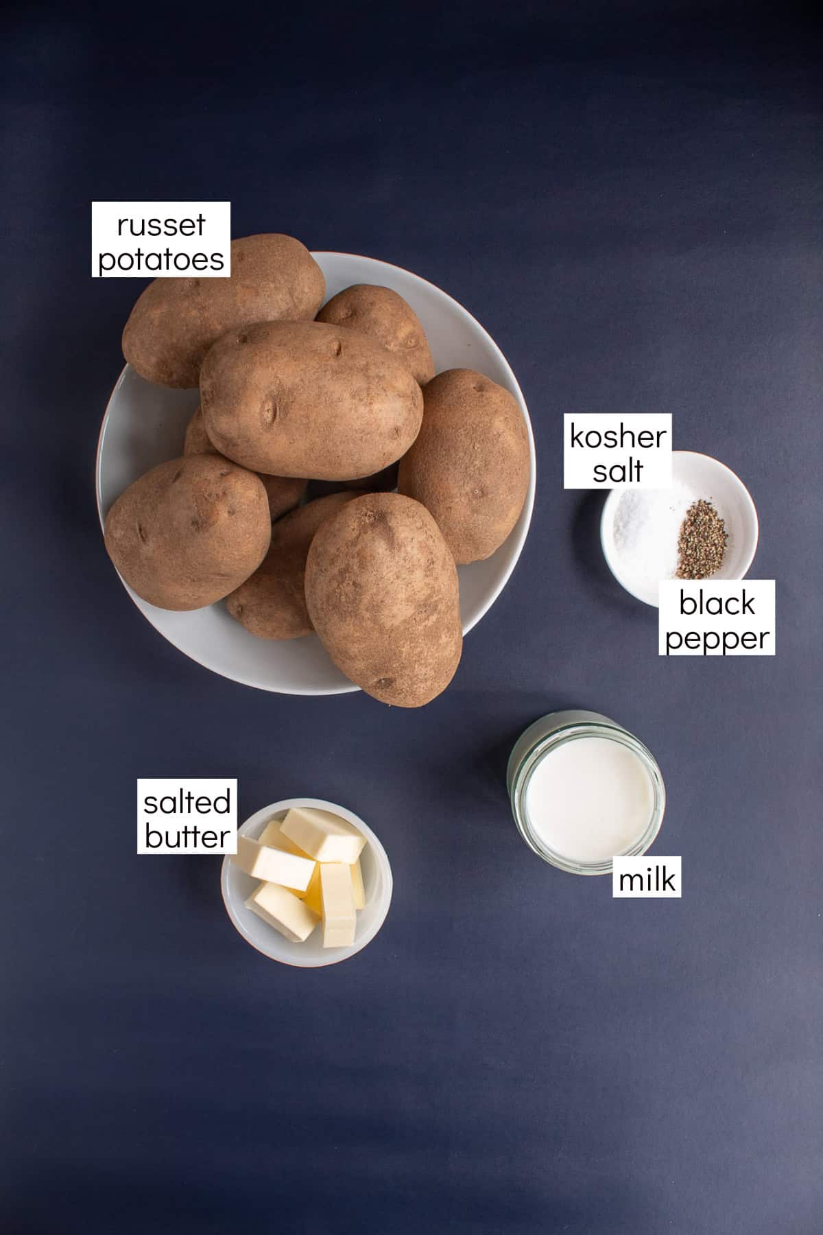 Ingredients for the recipe are displayed on a blue background with white text box labels including russet potatoes, kosher salt, black pepper, milk, and salted butter.