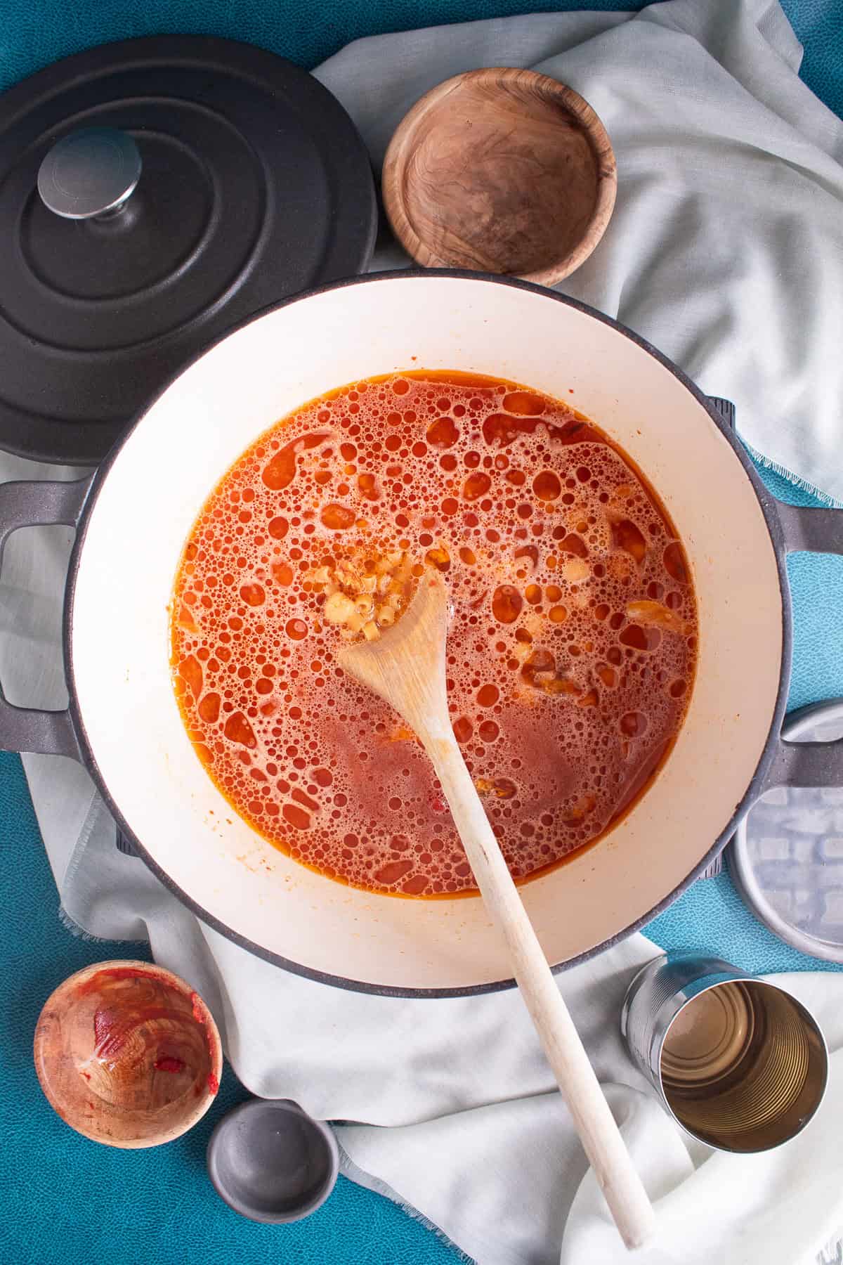 The water is added along with the pasta and chickpeas to cook all together in one pot.
