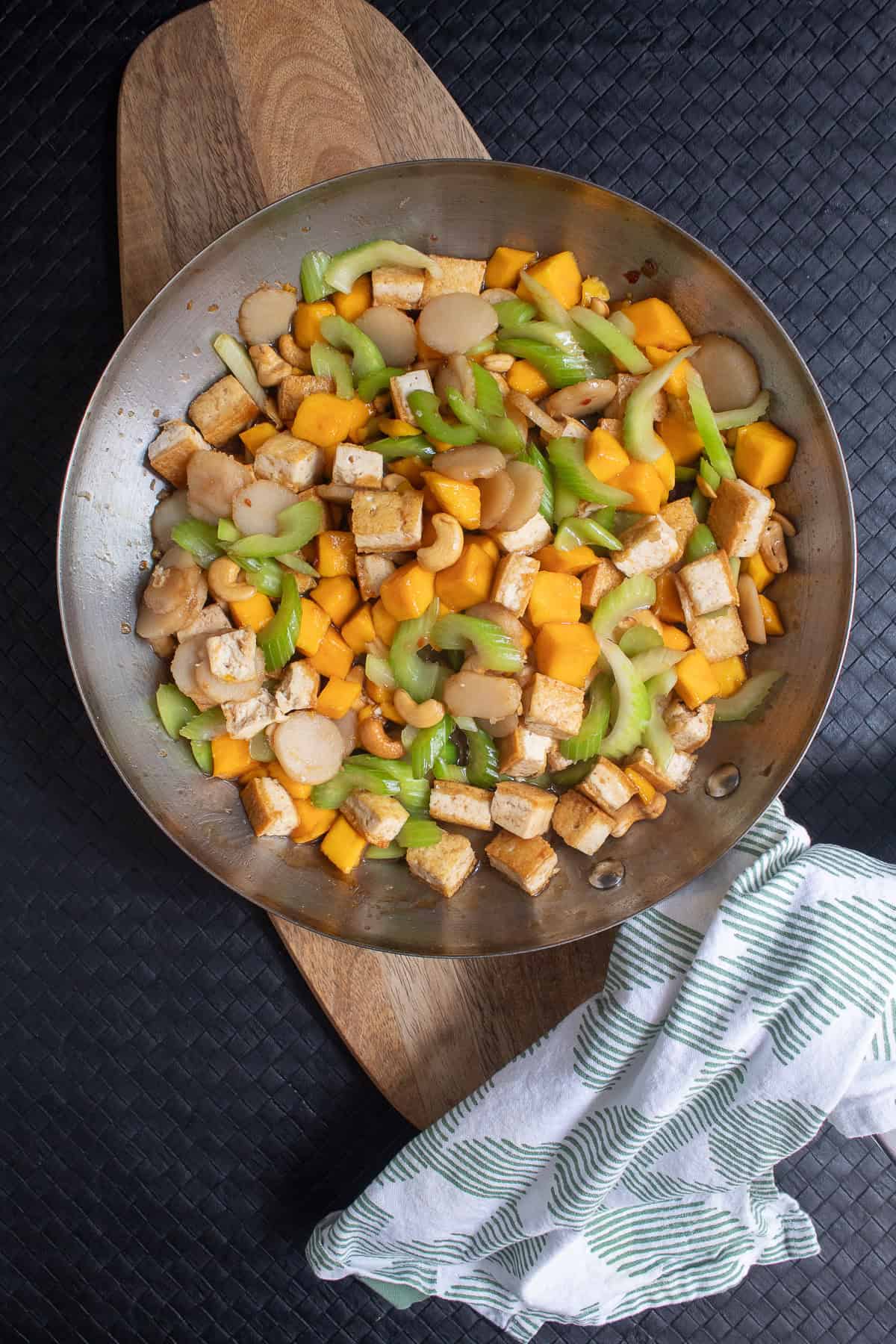 All of the stir fry ingredients are tossed together and coated in the glossy sauce.