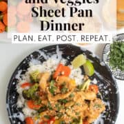 A black and white plate is piled with rice, chicken, veggies, peanut sauce, cilantro, and crushed peanuts. A white text box at the top of the image contains the words, "peanut chicken and veggies sheet pan dinner" and "plan. eat. post. repeat."