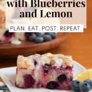 A slice of berry-studded focaccia sits on a white plate. A white text box at the top of the image contains the words, "sweet focaccia with blueberries and lemon" and "plan. eat. post. repeat."