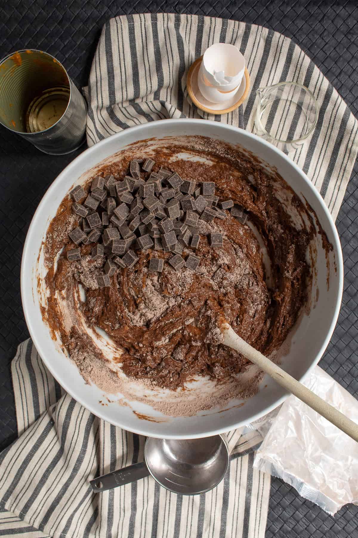 Chocolate chips are stirred into the batter.