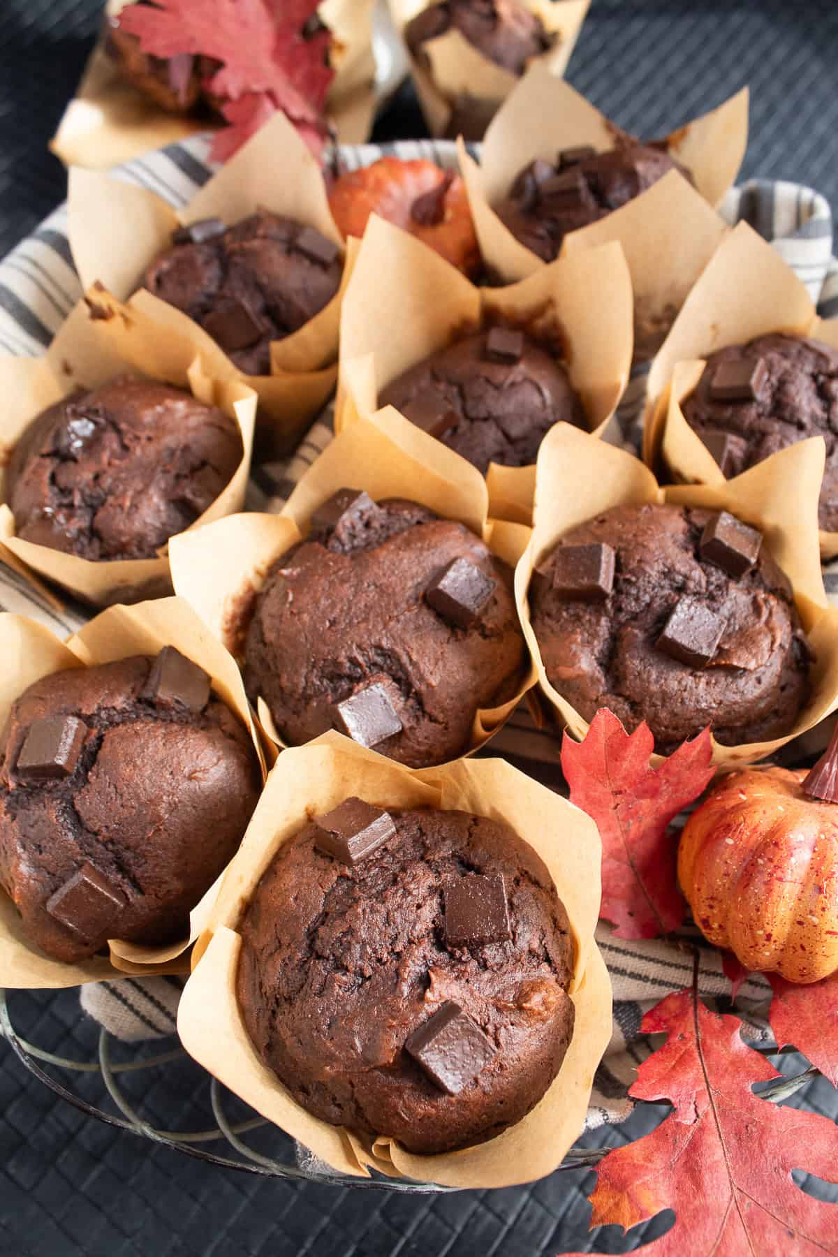 A detail image of the baked muffins with glossy chocolate chunks sitting in a wire basket.