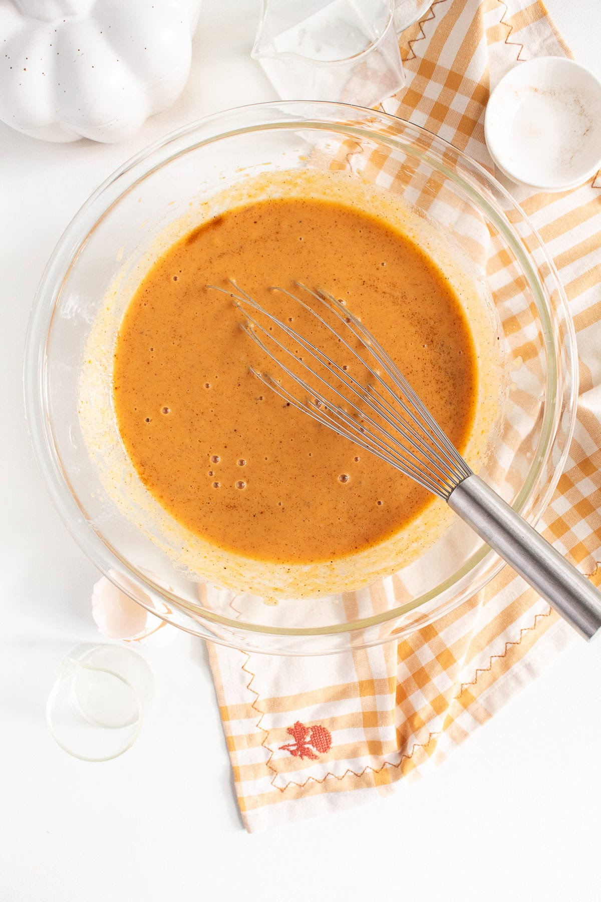 The wet ingredients are whisked until smooth.