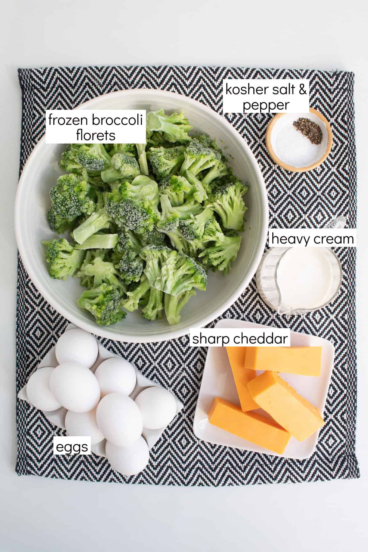 Ingredients for the broccoli and cheddar quiche filling are displayed and labeled with white text boxes including the words frozen broccoli florets, kosher salt & pepper, heavy cream, sharp cheddar, and eggs.