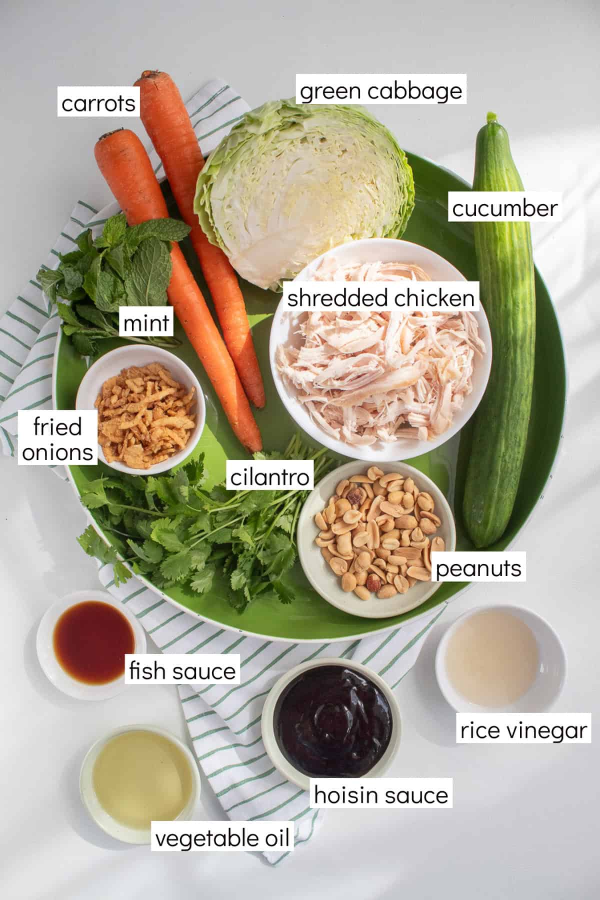 Ingredients for the recipe are displayed and labeled with white text boxes including the words carrots, green cabbage, mint, cucumber, shredded chicken, fried onions, cilantro, peanuts, fish sauce, hoisin sauce, rice vinegar, and vegetable oil.