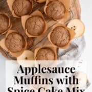 Tender golden brown muffins are cooled on a wire rack. A white text box at the bottom of the image contains the words, "applesauce muffins with spice cake mix" and "plan. eat. post. repeat."