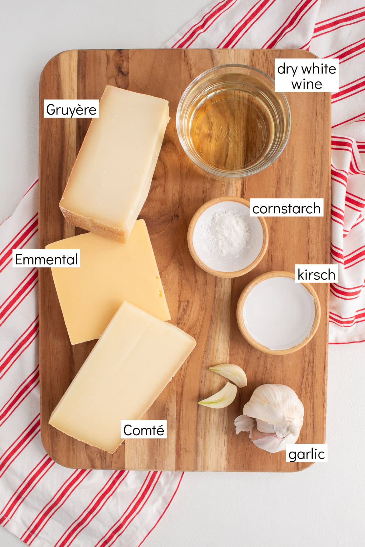 Ingredients for the recipe are displayed and labeled with white text boxes including the words dry white wine, cornstarch, kirsch, garlic, Comté, Emmental, and Gruyère.