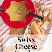 The cheese fondue is served from the fondue pot alongside bread and apple slices. A white text box at the bottom of the image contains the words, "Swiss cheese fondue" and "plan. eat. post. repeat."