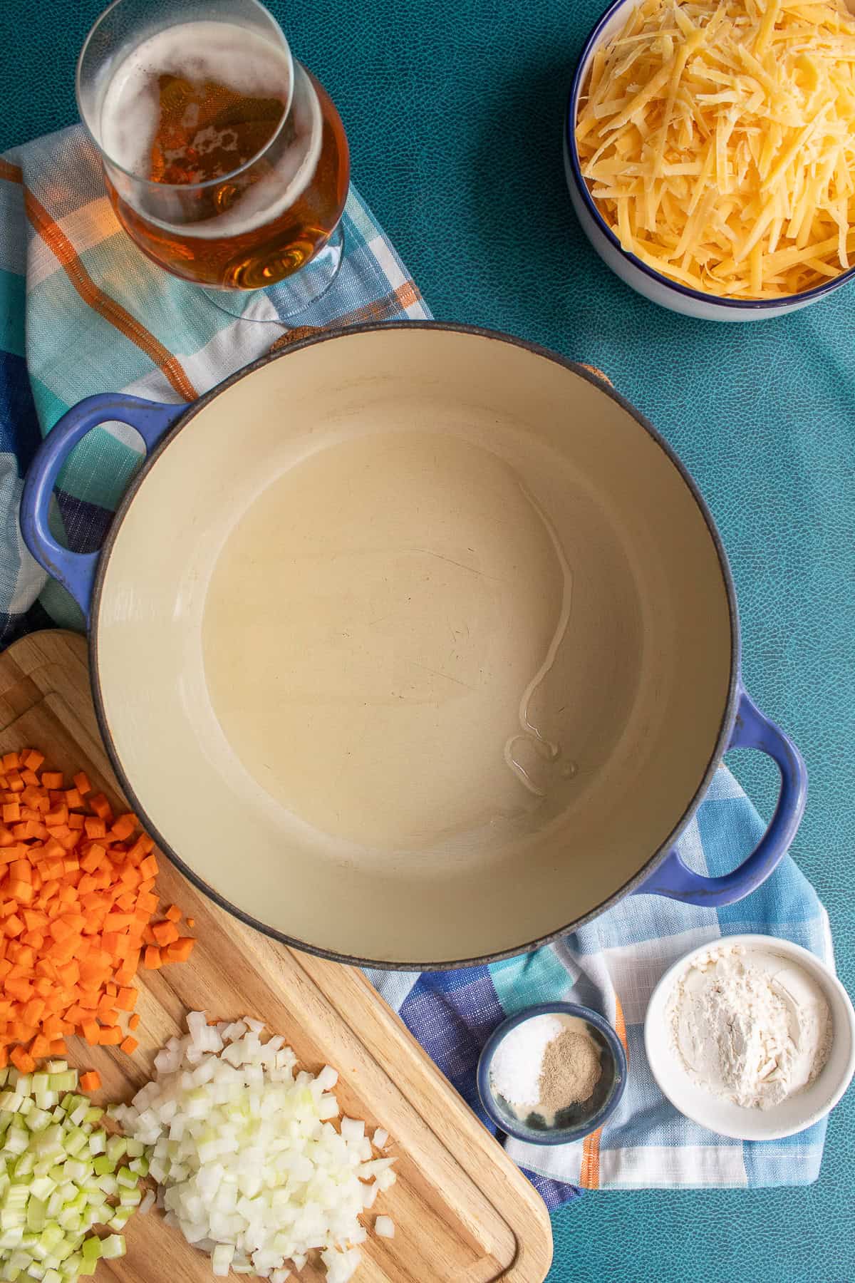 Vegetable oil is heated in the bottom of a heavy soup pot.