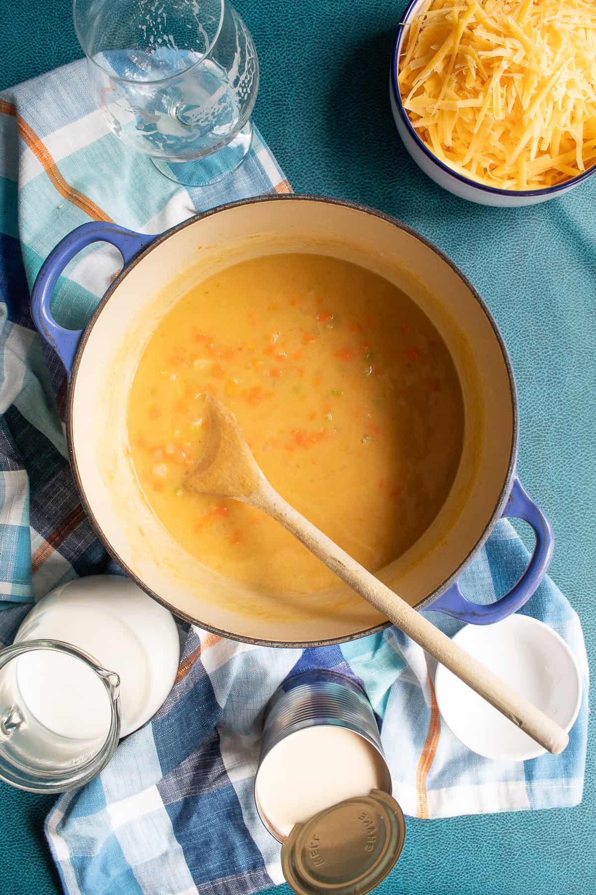 The soup has thickened after the beer is added.