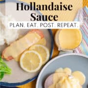 Creamy, pale yellow hollandaise sauce is spooned over salmon and eggs benedict. A white text box at the top of the image contains the words, "mom's simple microwave hollandaise sauce" and "plan. eat. post. repeat."