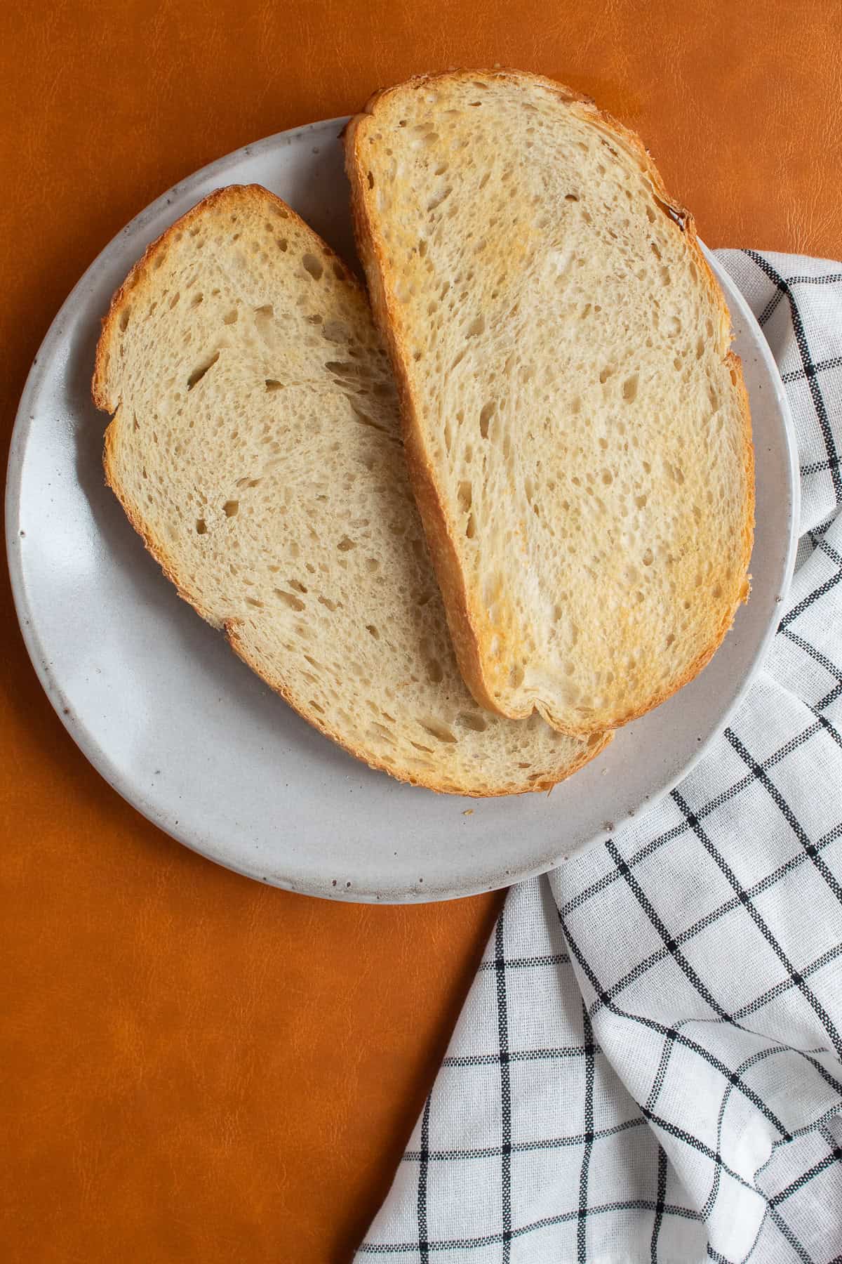 Two large slices of sourdough are lightly toasted.
