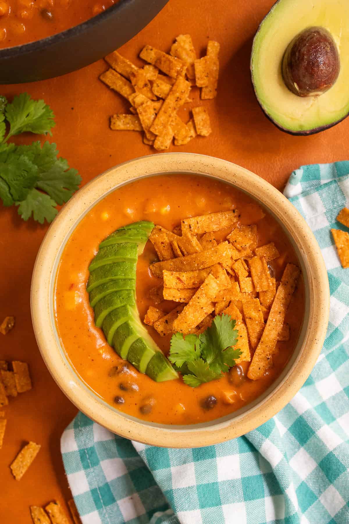 Avocado slices are fanned out over the top of a bowl of soup along with crisp tortilla strips and cilantro leaves.