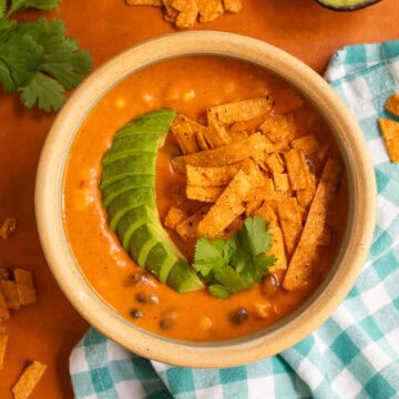 Avocado slices are fanned out over the top of a bowl of soup along with crisp tortilla strips and cilantro leaves.