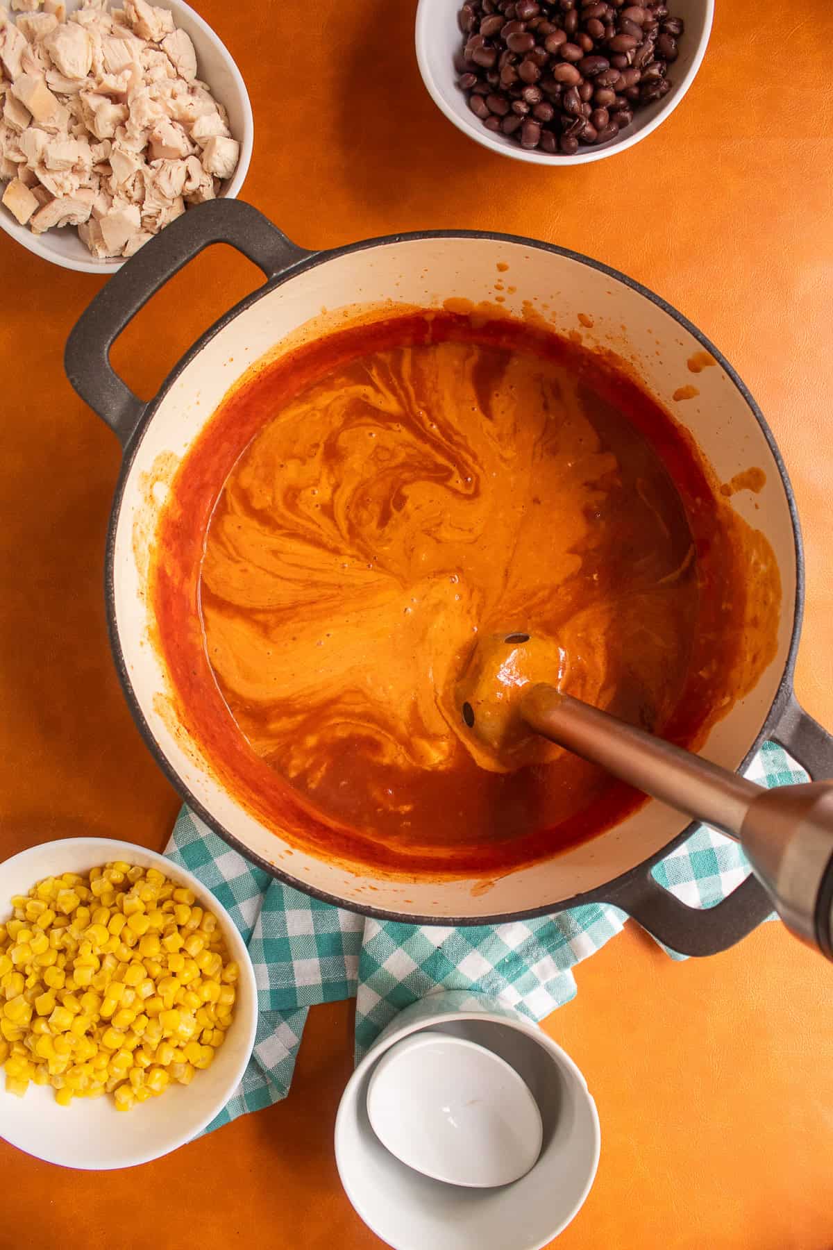 The soup is blended to create a thick and smooth soup base.