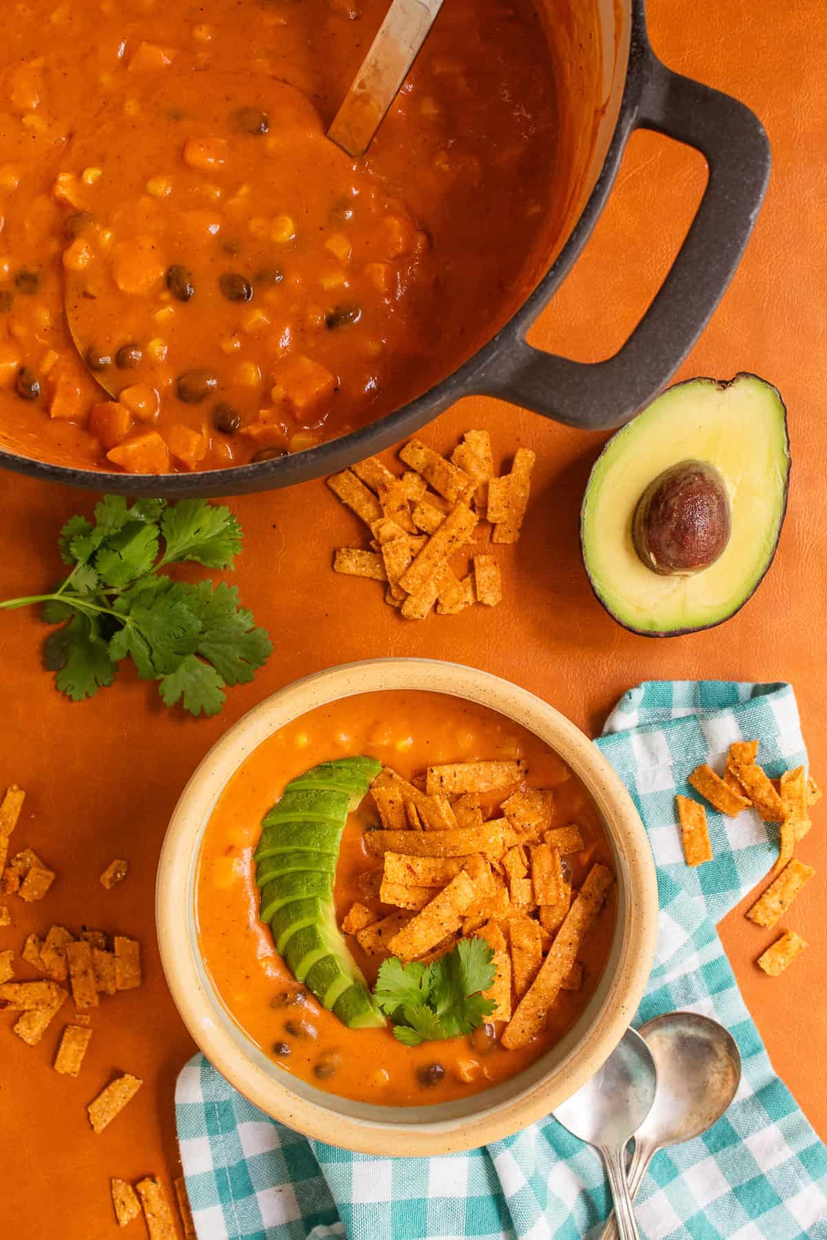 A garnished bowl of soup sits on a napkin next to a large pot.