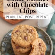 A stack of cookies studded with chocolate chips sits on a green patterned plate. A white text box at the top of the image contains the words, "oatmeal peanut butter cookies with chocolate chips" and "plan. eat. post. repeat."