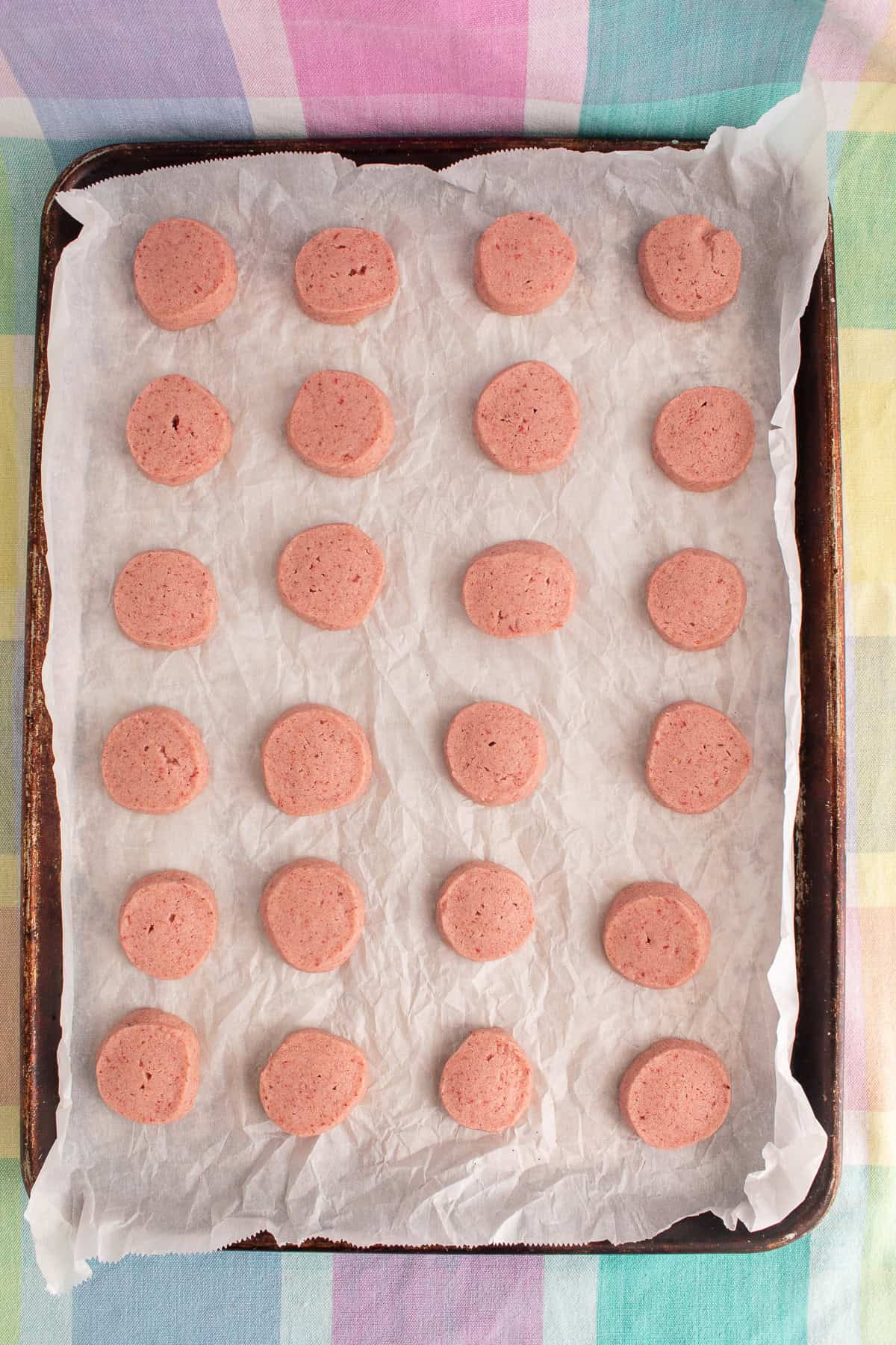 The baked shortbread is slightly puffy and barely golden at the bottom edges.