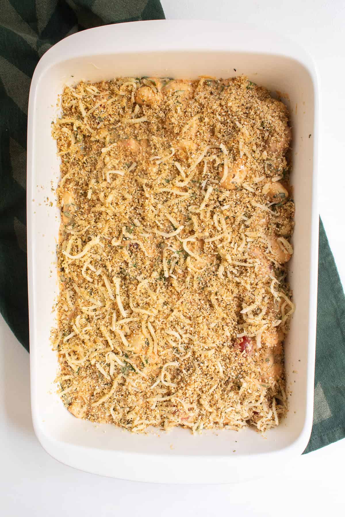 The gnocchi i covered in a layer of breadcrumbs mixed with butter and shredded mozzarella.