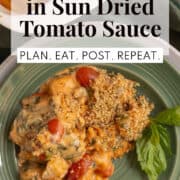 A green plate is loaded with gnocchi with breadcrumbs, grape tomatoes, basil, and spinach visible in the creamy tomato sauce. A white text box at the top of the image contains the words, "baked gnocchi in sun dried tomato sauce" and "plan. eat. post. repeat."