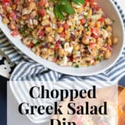 The dip is served in a white bowl alongside a plate of pita chips. A white text box at the bottom of the image contains the words, "chopped Greek salad dip" and "plan. eat. post. repeat."
