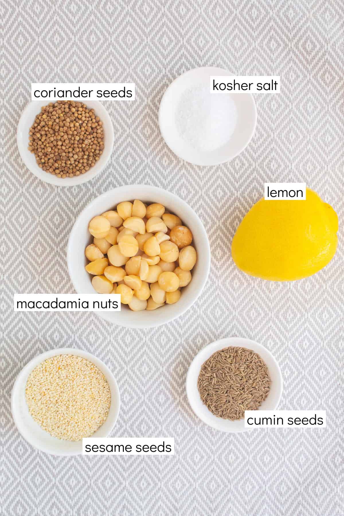 Ingredients for the recipe are displayed and labeled with white text boxes including the words coriander seeds, kosher salt, macadamia nuts, lemon, sesame seeds, and cumin seeds.